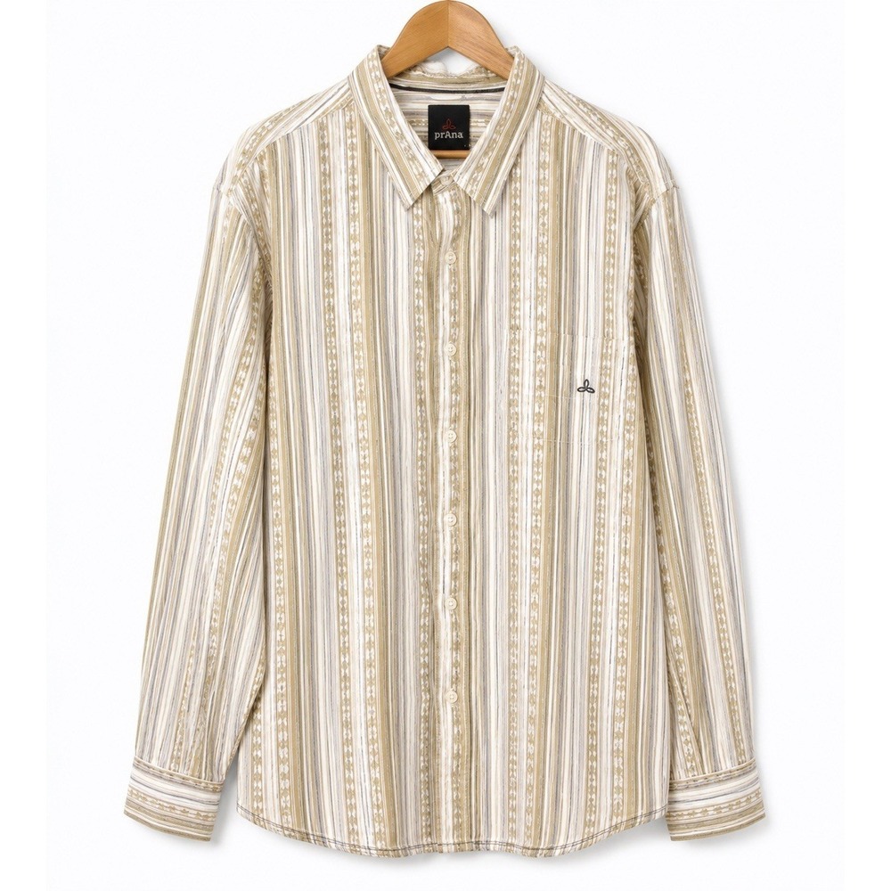 prAna Organic Cotton Striped Button Up Shirt XXL Beige Long Sleeve Mens